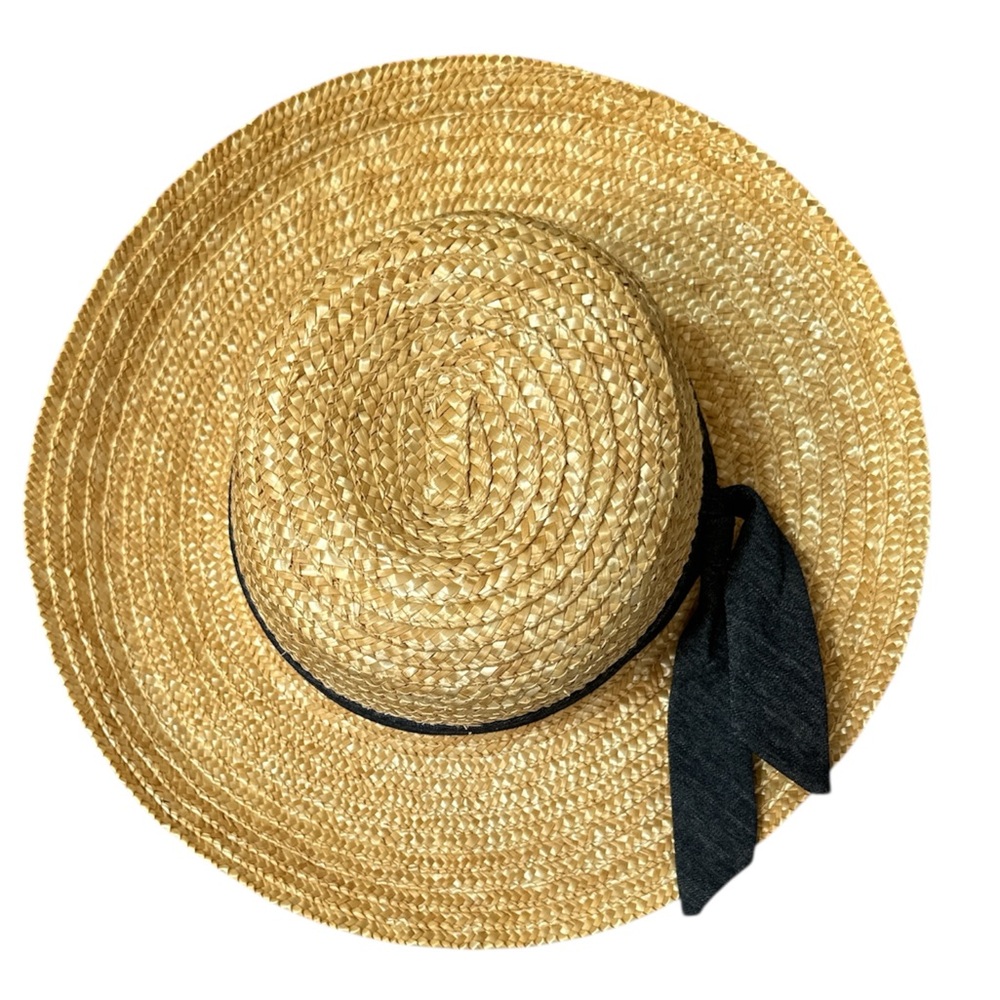 Wide Brim Straw Sun Hat with Navy Ribbon